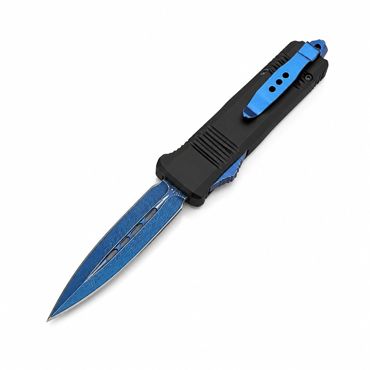 Zinc Handle Blue Titanium Damascus OTF Knife